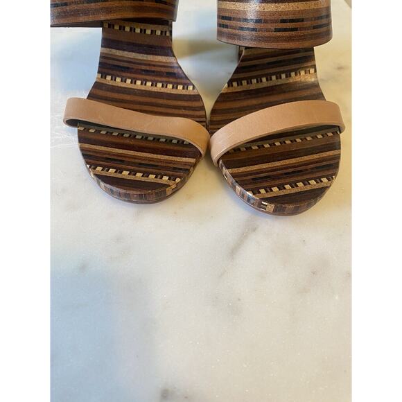 Vince Camuto Brown & Beige Becca Heel Slip On Leather Sandals Size 9 Wood tone - Picture 8 of 12